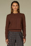Mocha Long Puff Sleeve Round Embroidered Neck Cable Placement Front Banded Hem Sweater Top