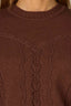 Mocha Long Puff Sleeve Round Embroidered Neck Cable Placement Front Banded Hem Sweater Top
