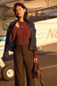 Mocha Long Puff Sleeve Round Embroidered Neck Cable Placement Front Banded Hem Sweater Top