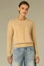 Oatmeal Long Puff Sleeve Round Embroidered Neck Cable Placement Front Banded Hem Sweater Top