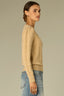 Oatmeal Long Puff Sleeve Round Embroidered Neck Cable Placement Front Banded Hem Sweater Top