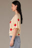 Pale Oak Short Batwing Sleeve V-Neck Placement Strawberry Print Jacquard Knit Top