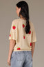 Pale Oak Short Batwing Sleeve V-Neck Placement Strawberry Print Jacquard Knit Top