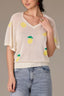 Vanilla Short Batwing Sleeve V-Neck Placement Print Jacquard Knit Top