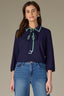 Navy Three Quarter Sleeve Collar Neck Placket Self Bow Tie Tipping Detail Banded Hem Sweater