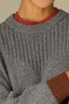 Charcoal Multi Long Drop Shoulder Sleeve Double Round Neck Color Block Ribbed Straight Banded Hem Plus Size Sweater Top