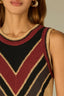 Golden Beige Fired Brick Multi Sleeveless Round Neck Double Button Keyhole Back Open Work Chevron Placement Straight Hem Crochet Sweater Tank