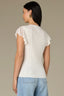 Off White Flutter Cap Crochet Sleeve Round Scallop Neck Ribbed Stitch Mix Sweater Top
