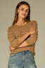 Honey Wheat Ecru Multi Three Quarter Cinched Sleeve Double Round Neck Stripes Contrast Side Panels Tipping Straight Banded Hem Sweater Top