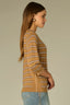 Honey Wheat Ecru Multi Three Quarter Cinched Sleeve Double Round Neck Stripes Contrast Side Panels Tipping Straight Banded Hem Sweater Top