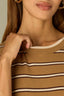 Honey Wheat Ecru Multi Three Quarter Cinched Sleeve Double Round Neck Stripes Contrast Side Panels Tipping Straight Banded Hem Sweater Top
