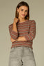 Light Cacao Powder Macademia Multi Three Quarter Cinched Sleeve Double Round Neck Stripes Contrast Side Panels Tipping Straight Banded Hem Sweater Top