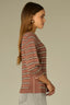 Light Cacao Powder Macademia Multi Three Quarter Cinched Sleeve Double Round Neck Stripes Contrast Side Panels Tipping Straight Banded Hem Sweater Top
