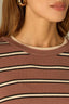 Light Cacao Powder Macademia Multi Three Quarter Cinched Sleeve Double Round Neck Stripes Contrast Side Panels Tipping Straight Banded Hem Sweater Top