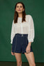 Off White Three Quarter Blouson Sleeve Round Neck Button Down Front Back Center Seam Open Work Crochet Sweater Cardigan