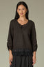 Charcoal Black Three Quarter Sleeve V-Neck Rounded Lace Detail Twofer Design Straight Hem Lace Peek-Through Edge Sweater Top