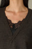 Charcoal Black Three Quarter Sleeve V-Neck Rounded Lace Detail Twofer Design Straight Hem Lace Peek-Through Edge Sweater Top