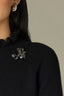 Black Long Blouson Sleeve High Ruffle Turtleneck Straight Hem Brooch Petite Sweater Top