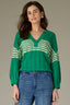 Golf Green Three Quarter Cinched Drop Shoulder Sleeve Round Neck V-Placket Wavy Stripe Pointelle Stitch Sweater