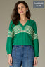 Golf Green Three Quarter Cinched Drop Shoulder Sleeve Round Neck V-Placket Wavy Stripe Pointelle Stitch Plus Size Sweater