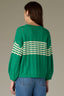 Golf Green Three Quarter Cinched Drop Shoulder Sleeve Round Neck V-Placket Wavy Stripe Pointelle Stitch Sweater