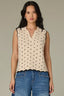 Ecru Black Sleeveless Collar Neck Half Overlap V-Placket Contrast Piping Scallop Edges Dotted Straight Hem Sweater Tank Top