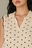 Ecru Black Sleeveless Collar Neck Half Overlap V-Placket Contrast Piping Scallop Edges Dotted Straight Hem Sweater Tank Top