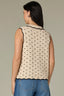Ecru Black Sleeveless Collar Neck Half Overlap V-Placket Contrast Piping Scallop Edges Dotted Straight Hem Sweater Tank Top