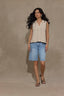 Light Blue Denim Contour Shape Technology Skyrise Double Sweetheart Yoke Four-Pocket Seaming Detail Raw Hem Barrel Bermuda Short