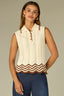 Natural Sleeveless Collared Neck Half Button Placket Tipping Wavy Pointelle Stripe Scallop Hem Sweater Tank Top