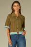 Harvest Green Aqua Haze Below Elbow Dolman Sleeve Collar Neck Button Down Placket Contrast Tipping Pointelle Straight Hem Sweater Top