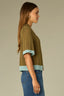 Harvest Green Aqua Haze Below Elbow Dolman Sleeve Collar Neck Button Down Placket Contrast Tipping Pointelle Straight Hem Sweater Top