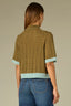 Harvest Green Aqua Haze Below Elbow Dolman Sleeve Collar Neck Button Down Placket Contrast Tipping Pointelle Straight Hem Sweater Top