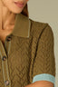 Harvest Green Aqua Haze Below Elbow Dolman Sleeve Collar Neck Button Down Placket Contrast Tipping Pointelle Straight Hem Sweater Top