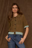 Harvest Green Aqua Haze Below Elbow Dolman Sleeve Collar Neck Button Down Placket Contrast Tipping Pointelle Straight Hem Sweater Top