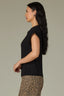 Black Extended Shoulder Cap Sleeve Round Neck Pointelle Stitch Straight Ribbed Hem Sweater Top