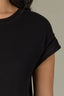 Black Extended Shoulder Cap Sleeve Round Neck Pointelle Stitch Straight Ribbed Hem Sweater Top