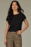 Black Extended Shoulder Cap Sleeve Round Neck Pointelle Stitch Straight Ribbed Hem Sweater Top