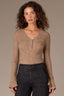 Heather Brown Long Bell Sleeve Half Button Placket V-Neck Ribbed Sweater