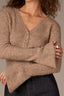 Heather Brown Long Bell Sleeve Half Button Placket V-Neck Ribbed Sweater