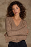 Heather Brown Long Bell Sleeve Half Button Placket V-Neck Ribbed Sweater