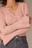 Rose Quartz Long Bell Sleeve Half Button Placket V-Neck Ribbed Sweater