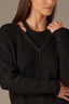 Black Long Banded Drop Shoulder Sleeve Round Twofer Style V-Neck Cable Stitch Design Banded Lettuce Hem Sweater
