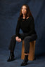 Black Long Banded Drop Shoulder Sleeve Round Twofer Style V-Neck Cable Stitch Design Banded Lettuce Hem Sweater