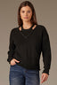 Black Long Banded Drop Shoulder Sleeve Round Twofer Style V-Neck Cable Stitch Design Banded Lettuce Hem Sweater