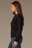 Black Long Banded Drop Shoulder Sleeve Round Twofer Style V-Neck Cable Stitch Design Banded Lettuce Hem Sweater