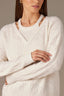 Off White Long Banded Drop Shoulder Sleeve Round Twofer Style V-Neck Cable Stitch Design Banded Lettuce Hem Sweater