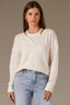 Off White Long Banded Drop Shoulder Sleeve Round Twofer Style V-Neck Cable Stitch Design Banded Lettuce Hem Sweater