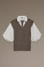 Heather Mocha Off White Below Elbow Blouson Sleeve Back Center Seam Solid Stitch Mix Collar V-Neck Twofer Sweater Vest 