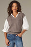 Heather Mocha Off White Below Elbow Blouson Sleeve Back Center Seam Solid Stitch Mix Collar V-Neck Twofer Sweater Vest 